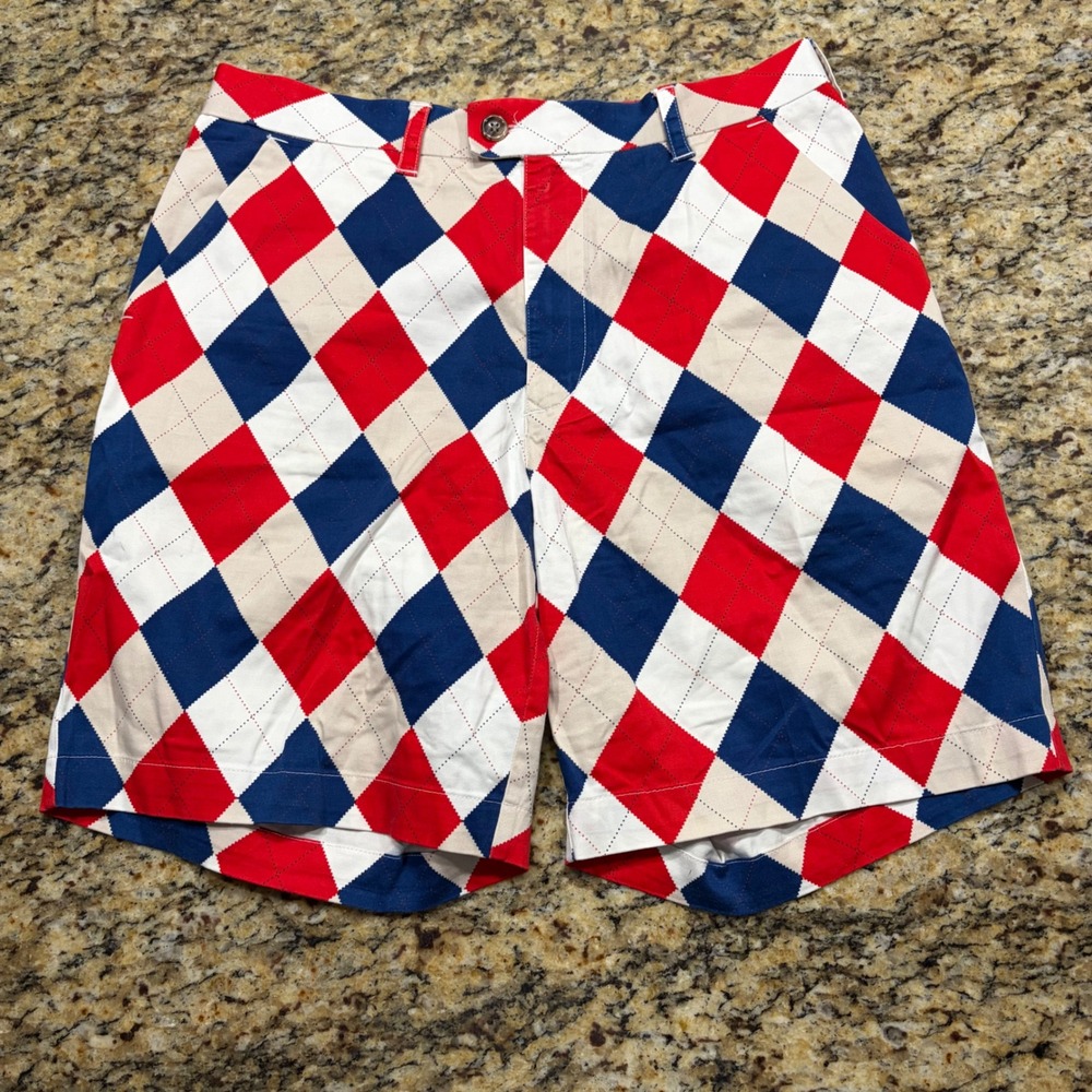 Loudmouth Golf Shorts Mens 34 Red White Blue Argyle Plaid Cotton Blend ws